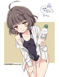 Rule 34 | 1girl, ahoge, black one-piece swimsuit, bottle, breasts, brown eyes, brown hair, character name, collarbone, commission, competition swimsuit, kantai collection, kishinami (kancolle), long sleeves, looking at viewer, one-piece swimsuit, pixiv commission, r-king, short hair, signature, small breasts, solo, swimsuit, water bottle, wavy hair, white background, yellow background