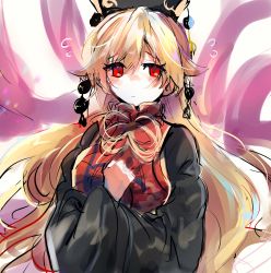 Rule 34 | 1girl, black dress, black hat, blonde hair, blush, bow, bowtie, breasts, chinese clothes, closed mouth, crescent, dress, energy, eyes visible through hair, hair between eyes, hand up, hat, highres, junko (touhou), long hair, long sleeves, looking to the side, medium breasts, moyashi (oekaki touhou), phoenix crown, pom pom (clothes), red eyes, red vest, simple background, solo, tabard, touhou, upper body, vest, white background, wide sleeves, yellow bow, yellow bowtie