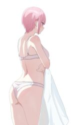 Rule 34 | 1girl, ass, back, bario, blue eyes, blush, bra, breasts, cowboy shot, earrings, from behind, go-toubun no hanayome, highres, holding, holding clothes, jewelry, medium breasts, nakano ichika, panties, pink hair, short hair, simple background, solo, standing, thighs, underwear, underwear only, white background, white bra, white panties
