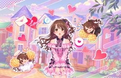 Rule 34 | 1girl, :o, angel and devil, black dress, blush, bow, brown hair, chibi, clothing cutout, cloud, demon horns, dress, flying sweatdrops, frilled dress, frills, hair bow, halftone texture, halo, heart, holding, holding pom poms, horns, house, idol, idolmaster, idolmaster cinderella girls, idolmaster cinderella girls starlight stage, letter, looking at viewer, multiple persona, notice lines, official art, one side up, outline, pink dress, pom pom (cheerleading), pom poms, shimamura uzuki, shoulder cutout, spoken flying sweatdrops, spoken heart, wavy hair, white dress, white outline