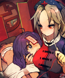 Rule 34 | 3girls, :3, ahoge, arms at sides, black eyes, blood, bloody tears, blue dress, blue eyes, blue hair, blush, breasts, collar, collarbone, commentary, cowboy shot, cross, cut-here line, disembodied head, dress, dutch angle, english commentary, hair between eyes, hat, headless, highres, holding another&#039;s head, kaku seiga, large breasts, long hair, looking at another, maaru (akira428), miyako yoshika, multicolored clothes, multicolored dress, multiple girls, needle, nurse cap, ofuda, one eye closed, operating table, purple hair, red cross, red dress, red eyes, sarashi, sharp teeth, short hair, short sleeves, signature, silver hair, small breasts, smile, stitches, string, table, teeth, touhou, towel, towel around waist, upper body, white collar, white towel, yagokoro eirin