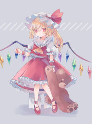 Rule 34 | 1girl, ascot, blonde hair, closed mouth, collared shirt, crystal, fingernails, flandre scarlet, frilled skirt, frilled sleeves, frills, full body, hair between eyes, hat, hiyuu (hiyualice), long hair, mob cap, nail polish, one side up, pointy ears, red eyes, red footwear, red nails, red skirt, red vest, shirt, shoes, short sleeves, skirt, solo, stuffed animal, stuffed toy, teddy bear, touhou, vest, white hat, white shirt, wings, wrist cuffs, yellow ascot