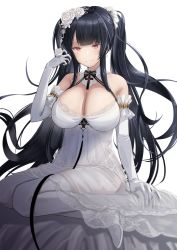 Rule 34 | 1girl, absurdres, azur lane, bare shoulders, bed, black bow, black bowtie, black hair, blush, bow, bowtie, breasts, cleavage, closed mouth, cross, dress, elbow gloves, flower, full body, gloves, hair flower, hair ornament, hand in own hair, hand on leg, highres, iron cross, large breasts, long hair, official alternate costume, peter strasser (a moment frozen in pure white) (azur lane), peter strasser (azur lane), purple eyes, sankyo (821-scoville), seiza, sitting, smile, solo, thighhighs, twintails, wedding dress, white background, white dress, white gloves, white thighhighs