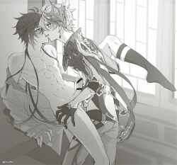 Rule 34 | 2boys, almost kiss, anal, blush, crotch rub, genshin impact, greyscale, hand on another&#039;s thigh, highres, leg up, male penetrated, monochrome, multiple boys, sex, sex on table, spread legs, tartaglia (genshin impact), ttmrfkr, yaoi, zhongli (genshin impact)
