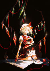 Rule 34 | 1girl, absurdres, artist name, blonde hair, bloomers, cake, cake slice, chinese commentary, commentary request, crystal, cui (jidanhaidaitang), fangs, flandre scarlet, food, fork, full body, hat, hat ribbon, highres, holding, holding knife, kneeling, knife, laevatein (tail), mob cap, one side up, open mouth, plate, puffy short sleeves, puffy sleeves, red footwear, red ribbon, red skirt, red vest, ribbon, shirt, short hair, short sleeves, skirt, skirt set, solo, tail, teeth, touhou, underwear, upper teeth only, vest, weibo logo, white bloomers, white hat, white shirt, wings
