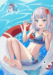 Rule 34 | 1girl, absurdres, barefoot, bikini, bloop (gawr gura), blue bikini, blue eyes, blue hair, blunt bangs, blush, breasts, bubble, collarbone, commentary, english commentary, eyelashes, feet, flower, frilled bikini, frills, full body, gawr gura, grey hair, hair flower, hair ornament, highres, hololive, hololive english, innertube, legs, legs together, looking at viewer, multicolored hair, nail polish, navel, open mouth, paw pose, serafhin, shadow, shark girl, sharp teeth, shiny skin, sidelocks, small breasts, soles, solo, streaked hair, swim ring, swimsuit, teeth, thighs, toenail polish, toenails, tongue, two side up, virtual youtuber, water, wet