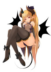 Rule 34 | .sin, ankle bow, ankle ribbon, ankle strap, bare shoulders, belt collar, black footwear, black tail, black thighhighs, black wings, blush, bow, breasts, breasts apart, bridal gauntlets, brown horns, cameltoe, center opening, closed mouth, coattails, collar, commentary request, demon girl, demon horns, demon tail, demon wings, fingernails, full body, gold trim, hair bow, half-closed eyes, hand up, head tilt, high heels, highleg, highleg leotard, highres, horns, knees together feet apart, leg ribbon, leotard, long fingernails, long hair, looking at viewer, medium breasts, naughty face, original, pointy ears, ponytail, red eyes, ribbon, sharp fingernails, simple background, slit pupils, smile, solo, spread fingers, stiletto heels, tail, thick eyebrows, thighhighs, tsurime, v-shaped eyebrows, very long hair, white background, wide hips, wings