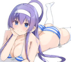 Rule 34 | 1girl, ahoge, arm support, ass, bare shoulders, bikini, blue bikini, blue eyes, blue hair, blush, breasts, butt crack, feet, front-tie bikini top, front-tie top, highres, large breasts, legs, long hair, looking at viewer, lying, on stomach, orie ballardiae harada, side-tie bikini bottom, simple background, smile, solo, striped bikini, striped clothes, swimsuit, tabii, the pose, thick thighs, thighhighs, thighs, under night in-birth, white background, white bikini