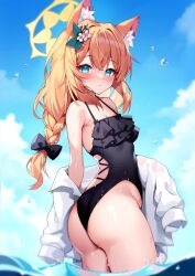Rule 34 | 1girl, animal ears, ass, black one-piece swimsuit, blue archive, blue eyes, blush, bow, braid, cloud, flower, fox ears, hair bow, hair flower, hair ornament, highres, looking at viewer, mari (blue archive), mari (swimsuit) (blue archive), one-piece swimsuit, orange hair, parted lips, pinki o64, shirt, sky, solo, swimsuit, water, water drop, wedgie, white shirt