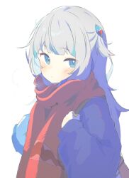 Rule 34 | 1girl, alternate costume, backpack, bag, blue coat, blue eyes, blue hair, blunt bangs, blush, coat, enpera, gawr gura, grey hair, hair ornament, highres, hololive, hololive english, inaririn, long hair, looking at viewer, multicolored hair, red scarf, scarf, shark girl, shark hair ornament, shark print, side ponytail, sidelocks, simple background, solo, streaked hair, two side up, upper body, virtual youtuber, white background