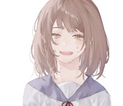 Rule 34 | 10 io, 1girl, bad id, bad twitter id, blouse, blue sailor collar, brown eyes, brown hair, collarbone, crying, highres, light blush, looking at viewer, medium hair, neck ribbon, open mouth, original, red ribbon, ribbon, sailor collar, school uniform, serafuku, shirt, simple background, solo, teeth, upper body, upper teeth only, white background, white shirt