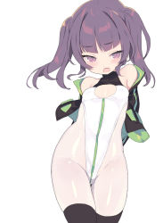 Rule 34 | 1girl, bare shoulders, blade (galaxist), blush, breasts, cowboy shot, embarrassed, fang, green jacket, highleg, highleg leotard, highres, jacket, jacket partially removed, leotard, looking at viewer, open mouth, original, petite, purple hair, simple background, skin fang, small breasts, solo, twintails, white background, white leotard