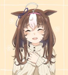 Rule 34 | 1girl, ahoge, alternate costume, alternate hair length, alternate hairstyle, animal ears, blush, brown hair, closed eyes, deong234, ears down, facing viewer, hairband, hands up, horse ears, korean commentary, long hair, long sleeves, meisho doto (umamusume), multicolored hair, open mouth, own hands together, smile, solo, sweater, turtleneck, turtleneck sweater, two-tone hair, umamusume, upper body