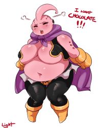 Rule 34 | 1girl, belly, boots, breasts, cleavage, colored skin, dragon ball, dragonball z, english text, closed eyes, fat, genderswap, genderswap (mtf), gloves, highres, large breasts, lightsource, majin buu, navel, pants, pink skin, solo, stomach, text focus, tight clothes, tight pants
