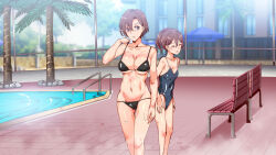Rule 34 | 2girls, ass, breasts, brown eyes, brown hair, female focus, large breasts, mature female, mother and daughter, multiple girls, nyuu (manekin-eko), open mouth, short hair, small breasts, swimsuit