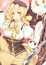 Rule 34 | 10s, 1girl, allenkung1, beret, blonde hair, breasts, charlotte (madoka magica), detached sleeves, drill hair, fingerless gloves, gloves, gun, hair ornament, hairpin, hat, highres, large breasts, magical girl, magical musket, mahou shoujo madoka magica, mahou shoujo madoka magica (anime), pleated skirt, puffy sleeves, ribbon, rifle, skirt, tomoe mami, twin drills, twintails, weapon, yellow eyes
