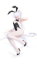 Rule 34 | 1girl, absurdres, animal ears, arm support, arm up, armpits, ass, bare arms, bare shoulders, bed sheet, bell, black footwear, black leotard, blue eyes, blunt bangs, bow, bowtie, breasts, cat ears, cat girl, cat tail, cleavage, covered navel, covering one eye, dch6898013, detached collar, facial mark, fake animal ears, final fantasy, final fantasy xiv, full body, high heels, highleg, highleg leotard, highres, jingle bell, legs, leotard, long hair, looking at viewer, miqo&#039;te, open mouth, pantyhose, playboy bunny, ponytail, rabbit ears, simple background, sitting, slit pupils, small breasts, smile, solo, strapless, strapless leotard, tail, tail bell, tail ornament, thighs, tiara, v, warrior of light (ff14), white background, white hair, white pantyhose, wrist cuffs, yokozuwari