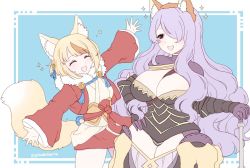 Rule 34 | 2girls, animal ears, armor, blonde hair, blue background, breasts, brown hair, camilla (fire emblem), cleavage, closed eyes, fake animal ears, fire emblem, fire emblem fates, fire emblem heroes, fox ears, gloves, hair ornament, hair over one eye, japanese clothes, large breasts, long hair, long sleeves, multicolored hair, multiple girls, nintendo, open mouth, outstretched arms, plushcharm, purple eyes, purple gloves, purple hair, selkie (fire emblem), spread arms, streaked hair, twitter username
