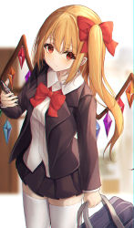 Rule 34 | 1girl, 7saki, alternate costume, alternate hair length, alternate hairstyle, bad id, bad pixiv id, bag, black jacket, black skirt, blonde hair, blurry, blurry background, blush, bow, bowtie, breasts, cellphone, chromatic aberration, closed mouth, cowboy shot, crystal, dutch angle, expressionless, flandre scarlet, from above, grey bag, hair between eyes, hair bow, highres, holding, holding bag, holding phone, indoors, jacket, long hair, long sleeves, looking at viewer, miniskirt, no headwear, one side up, open clothes, open jacket, phone, pleated skirt, red bow, red bowtie, red eyes, school uniform, shirt, skirt, small breasts, smartphone, solo, thighhighs, touhou, white shirt, white thighhighs, wings, zettai ryouiki