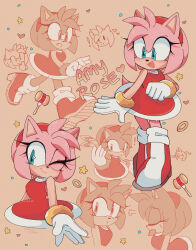 Rule 34 | !, 1girl, :d, ;), ame (beeames), amy rose, aqua eyes, blush, boots, bracelet, character name, closed eyes, closed mouth, commentary, dress, english commentary, eyelashes, fang, furry, furry female, gloves, gold bracelet, hairband, hammer, heart, hedgehog girl, high heel boots, high heels, highres, jewelry, looking at viewer, multiple views, one eye closed, open mouth, orange background, puff of air, red dress, red footwear, red hairband, running, short dress, sigh, simple background, sleeveless, sleeveless dress, smile, sonic (series), star (symbol), sweatdrop, toy hammer, upper body, white gloves
