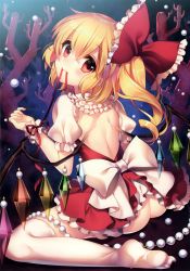 Rule 34 | 1girl, absurdres, ass, back, back cutout, beads, blonde hair, bow, clothing cutout, crystal, dress, fangs, feet, flandre scarlet, frills, from behind, full body, garland (decoration), hair bow, hair ornament, highres, looking at viewer, looking back, masaru.jp, mouth hold, no headwear, no headwear, no panties, no shoes, puffy sleeves, red eyes, ribbon, ribbon in mouth, scan, short hair, short sleeves, side ponytail, smile, solo, thighhighs, touhou, underwater, white thighhighs, wings, wrist cuffs