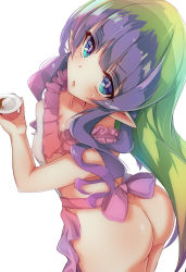 Rule 34 | 1girl, ameth (princess connect!), aono (f i s), apron, ass, blue eyes, blush, breasts, collarbone, commentary request, green hair, highres, long hair, looking at viewer, multicolored hair, naked apron, nipples, open mouth, pointy ears, princess connect!, purple hair, see-through, simple background, small breasts, solo, two-tone hair, white background