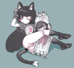 Rule 34 | 1girl, animal ears, anus, black hair, blue background, bottomless, cat ears, cat girl, cat tail, character request, cleft of venus, copyright request, dakimakura (object), feet, female focus, fingerless gloves, gloves, grey gloves, hair ornament, hairclip, jaggy lines, kinshi76, long hair, looking at viewer, one eye closed, pillow, pink eyes, pussy, shirt, simple background, socks, solo, t-shirt, tail, uncensored, zizi (skolo.)