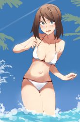 Rule 34 | 1girl, absurdres, alternate costume, bikini, blue background, blue eyes, blush, breasts, brown hair, cleavage, collarbone, commentary, cowboy shot, creatures (company), game freak, highres, keiz, looking at viewer, may (pokemon), medium breasts, medium hair, navel, nintendo, open mouth, paid reward available, pokemon, pokemon rse, solo, standing, stomach, string bikini, swimsuit, wading, water, white bikini