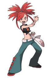 Rule 34 | 10s, 1girl, absurdres, belt, creatures (company), crop top, denim, flannery (pokemon), full body, game freak, gym leader, highres, holding, holding poke ball, jeans, long hair, midriff, nintendo, official art, open mouth, pants, poke ball, pokemon, pokemon oras, ponytail, red eyes, red hair, shoes, sleeveless, smile, solo, sugimori ken, transparent background