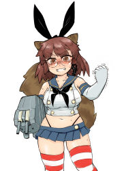 Rule 34 | 1girl, animal ears, bad id, bad pixiv id, black neckerchief, blush, breasts, brown eyes, brown hair, clenched hand, clenched teeth, collarbone, cosplay, elbow gloves, futatsuiwa mamizou, glasses, gloves, grimace, hair ornament, hair ribbon, hairband, highleg, highleg panties, highres, kantai collection, large breasts, looking at viewer, microskirt, midriff, navel, neckerchief, ogihara mach, panties, plump, raccoon ears, raccoon tail, rensouhou-chan, ribbon, rimless eyewear, sailor collar, shimakaze (kancolle), shimakaze (kancolle) (cosplay), short hair, sideboob, simple background, skirt, solo, striped clothes, striped thighhighs, sweat, tail, teeth, thighhighs, thong, touhou, trembling, undersized clothes, underwear, white background