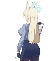 Rule 34 | 1girl, absurdres, animal ear fluff, animal ears, ass, blonde hair, blue archive, blue shirt, breasts, clipboard, commentary, dog ears, extra ears, from behind, gloves, half gloves, halo, highres, holding, holding clipboard, kanna (blue archive), large breasts, nemoga, notched ear, pantyhose, police, police uniform, policewoman, shirt, sideboob, solo, uniform