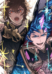 Rule 34 | 2boys, ahoge, alternate hair color, angry, armor, blue eyes, blue hair, breastplate, brown hair, commentary, commentary request, crystal, facing viewer, furrowed brow, granblue fantasy, grin, hair between eyes, highres, holding, holding sword, holding weapon, hood, hood down, looking at viewer, male focus, messy hair, multiple boys, red eyes, sandalphon (granblue fantasy), seofon (granblue fantasy), short hair, side-by-side, sketch, smile, sparkle, sword, turtleneck, unfinished, waldtrad, weapon