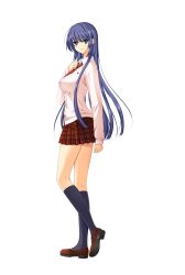 Rule 34 | 1girl, blue hair, blush, full body, gakuen taima, game cg, green eyes, hand on own chest, highres, koizumi amane, long hair, looking at viewer, mikoshiba iori, pleated skirt, school uniform, shoes, simple background, skirt, smile, solo, transparent background, white background