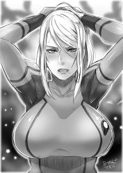 Rule 34 | 1girl, armpits, arms behind head, arms up, artist name, bad id, bad tumblr id, bodysuit, breasts, butcha-u, greyscale, highres, large breasts, looking at viewer, metroid, mole, mole under mouth, monochrome, nintendo, samus aran, solo, sweat, upper body, zero suit