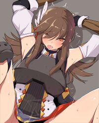 1girl absurdres armor brown_hair commentary_request detached_sleeves falcon_(girls&#039;_frontline) falcon_(mod3)_(girls&#039;_frontline) feather_hair girls&#039;_frontline grey_background highres implied_sex long_hair lying official_alternate_costume on_back open_mouth red_eyes sidelocks simple_background solo spread_legs sweat yanagui_yugi