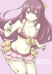 Rule 34 | 1girl, akara kai, apron, bikini, bow, breasts, cleavage, cowboy shot, dated, frilled apron, frills, hair bow, highres, kamikaze (kancolle), kantai collection, long hair, looking at viewer, medium breasts, navel, pink background, purple hair, red bikini, red eyes, smile, solo, swimsuit, twitter username, yellow bow