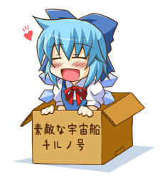 Rule 34 | 1girl, blue hair, blush, box, cardboard box, chibi, cirno, closed eyes, female focus, happy, heart, in box, in container, lowres, ribbon, short hair, simple background, smile, solo, touhou, translated, tsukishima makoto, white background, wings