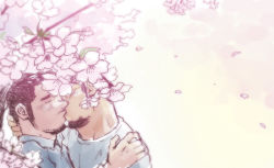 Rule 34 | 2boys, bara, blush, cherry blossoms, closed eyes, couple, covered eyes, facial hair, from side, goatee, hand on another&#039;s head, hand on another&#039;s shoulder, kiss, long sideburns, male focus, mature male, multiple boys, muscular, muscular male, original, short hair, sideburns, suv (suv032), thick eyebrows, upper body, yaoi