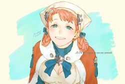 Rule 34 | 1girl, 91007, annette fantine dominic, artist name, blue eyes, braided hair rings, breasts, capelet, cleavage, fire emblem, fire emblem: three houses, fire emblem warriors: three hopes, fur collar, grin, head scarf, medium breasts, nintendo, official alternate costume, official alternate hairstyle, orange capelet, orange hair, short hair, smile, solo, twitter username, white headwear