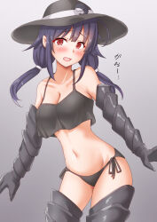 Rule 34 | 1girl, ahoge, aircraft carrier oni, aircraft carrier oni (cosplay), aircraft carrier summer oni, anti (untea9), armored boots, bikini, black bikini, boots, breasts, claws, cleavage, cosplay, gauntlets, grey background, hair flaps, hair ornament, hat, highres, kantai collection, large breasts, long hair, looking at viewer, open mouth, purple hair, red eyes, ryuuhou (kancolle), smile, solo, sun hat, swimsuit, taigei (kancolle), twintails, whale hair ornament