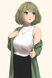 Rule 34 | 1girl, black skirt, blue eyes, blush, breasts, cowboy shot, green eyes, green hair, green jacket, heterochromia, highres, idolmaster, idolmaster cinderella girls, jacket, jewelry, long sleeves, looking to the side, medium breasts, medium skirt, mole, mole under eye, multicolored hair, necklace, off shoulder, open clothes, open jacket, parted lips, senju (snz0), short hair, signature, simple background, single bare shoulder, skirt, smile, solo, standing, streaked hair, sweater, takagaki kaede, undressing, white sweater, yellow background