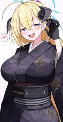 Rule 34 | 1girl, ahoge, akari (blue archive), akari (new year) (blue archive), black gloves, black kimono, blonde hair, blue archive, blue eyes, blush, breasts, commentary, gloves, hair between eyes, halo, heart, highres, horns, japanese clothes, kimono, large breasts, long hair, long sleeves, looking at viewer, official alternate costume, smile, solo, spoken heart, upper body, yun (kbdenz9)