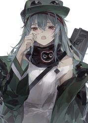 Rule 34 | 1girl, blush, brown eyes, clothing cutout, g11 (girls&#039; frontline), girls&#039; frontline, green hat, green jacket, grey hair, hair between eyes, hat, highres, jacket, long hair, long sleeves, luin y, off shoulder, open mouth, red scarf, scarf, scarf on head, shirt, shoulder cutout, sidelocks, simple background, solo, white background