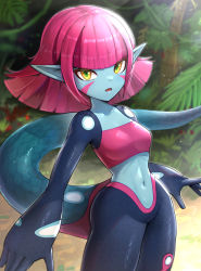 Rule 34 | 1girl, blue skin, breasts, colored skin, commentary, duna (fossil fighters), fangs, fossil fighters, gonzarez, highres, jungle, monster girl, nature, navel, open mouth, pink hair, pointy ears, short hair, small breasts, solo, tail