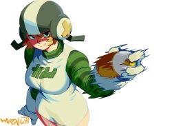 Rule 34 | 1girl, black eyes, blonde hair, dress, gloves, green headwear, green sleeves, gum (jsr), helmet, highres, jet set radio, shaking, simple background, solo, spray can, spray paint, striped clothes, striped headwear, striped sleeves, striped sweater, sweater, werfmight, white background, white dress