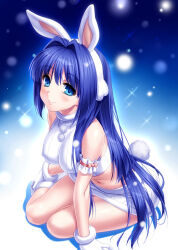 Rule 34 | 1girl, animal ears, arm support, bare shoulders, blue background, blue eyes, blue hair, blue theme, blush stickers, boots, breasts, bunny day, closed mouth, covered erect nipples, cropped shirt, eyelashes, eyes visible through hair, fake animal ears, fake tail, fur-trimmed boots, fur-trimmed gloves, fur trim, gloves, gradient background, hair between eyes, hair intakes, hair over shoulder, hairband, highres, kanon, large breasts, leaning forward, lips, long hair, looking at viewer, minase nayuki, miniskirt, non-web source, out of frame, pom pom (clothes), rabbit ears, rabbit tail, shiny skin, shirt, simple background, sitting, skirt, sleeveless, sleeveless shirt, smile, solo, sparkle, straight hair, tail, thighs, very long hair, white background, white footwear, white fur, white gloves, white hairband, white shirt, white skirt, yokozuwari, zen (kamuro)