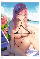 Rule 34 | 1girl, absurdres, barefoot, bikini, bikini top lift, blue sky, bracelet, breasts, chair, closed mouth, clothes lift, criss-cross halter, day, flower, green eyes, hair between eyes, hair flower, hair ornament, halterneck, hase neet, highleg, highleg bikini, highres, horizon, jewelry, large breasts, lifting own clothes, long hair, lounge chair, navel, nipples, outdoors, pink hair, scan, sidelocks, sitting, sky, smile, solo, sweat, swimsuit, toranoana