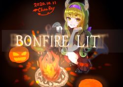 Rule 34 | 1girl, black footwear, bonfire (dark souls), bow, chanraykotomine, commentary request, dark souls (series), dark souls i, dated, dress, english text, fire, footwear bow, green eyes, green hair, hair bow, halloween, headband, highres, holding, holding skull, horns, jack-o&#039;-lantern, long hair, looking at viewer, original, osanai (shashaki), planted, planted sword, planted weapon, pumpkin, shoes, sidelocks, signature, skull, smile, squatting, sword, weapon, wings