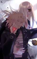 Rule 34 | 2boys, arm around waist, black-framed eyewear, black coat, black nails, blonde hair, blood, blood on face, coat, daybit sem void, fate/grand order, fate (series), gold necklace, hand tattoo, highres, jewelry, long hair, looking to the side, male focus, multiple boys, necklace, outstretched arm, shirt, striped clothes, striped shirt, tattoo, tezcatlipoca (fate), udonmoudon, veins, veiny hands