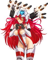 Rule 34 | 1girl, animification, armor, bare shoulders, breasts, cleavage, elbow gloves, firing, gloves, green eyes, heart, heart hands, helmet, hmage, large breasts, long hair, mecha musume, personification, red hair, rocket launcher, simple background, smile, solo, thighhighs, titanfall, titanfall (series), titanfall 2, tone (titanfall 2), transparent background, very long hair, visor, visor cap, weapon